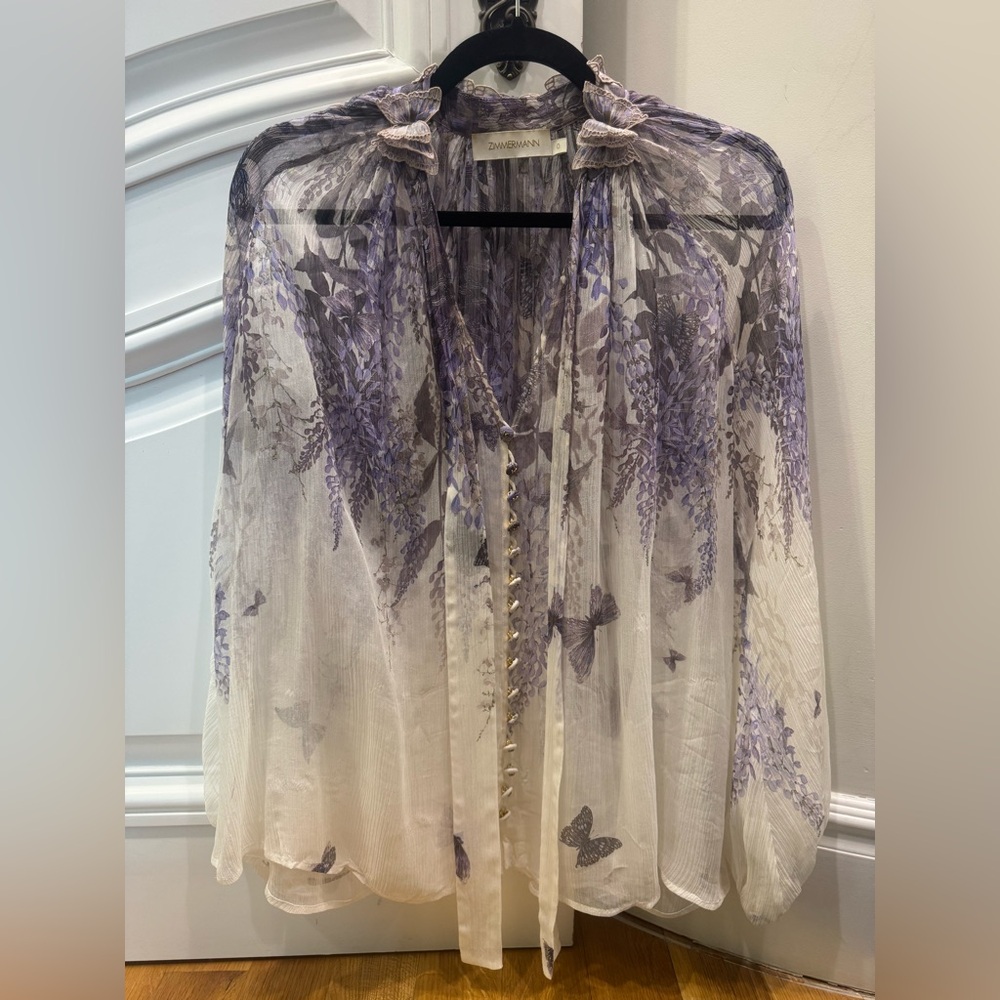 Zimmermann Sheer Floral Butterfly Blouse - Purple and Cream